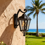 Vintage Outdoor Wall Sconce with Clear Glass Shade in Sand Black Aluminum