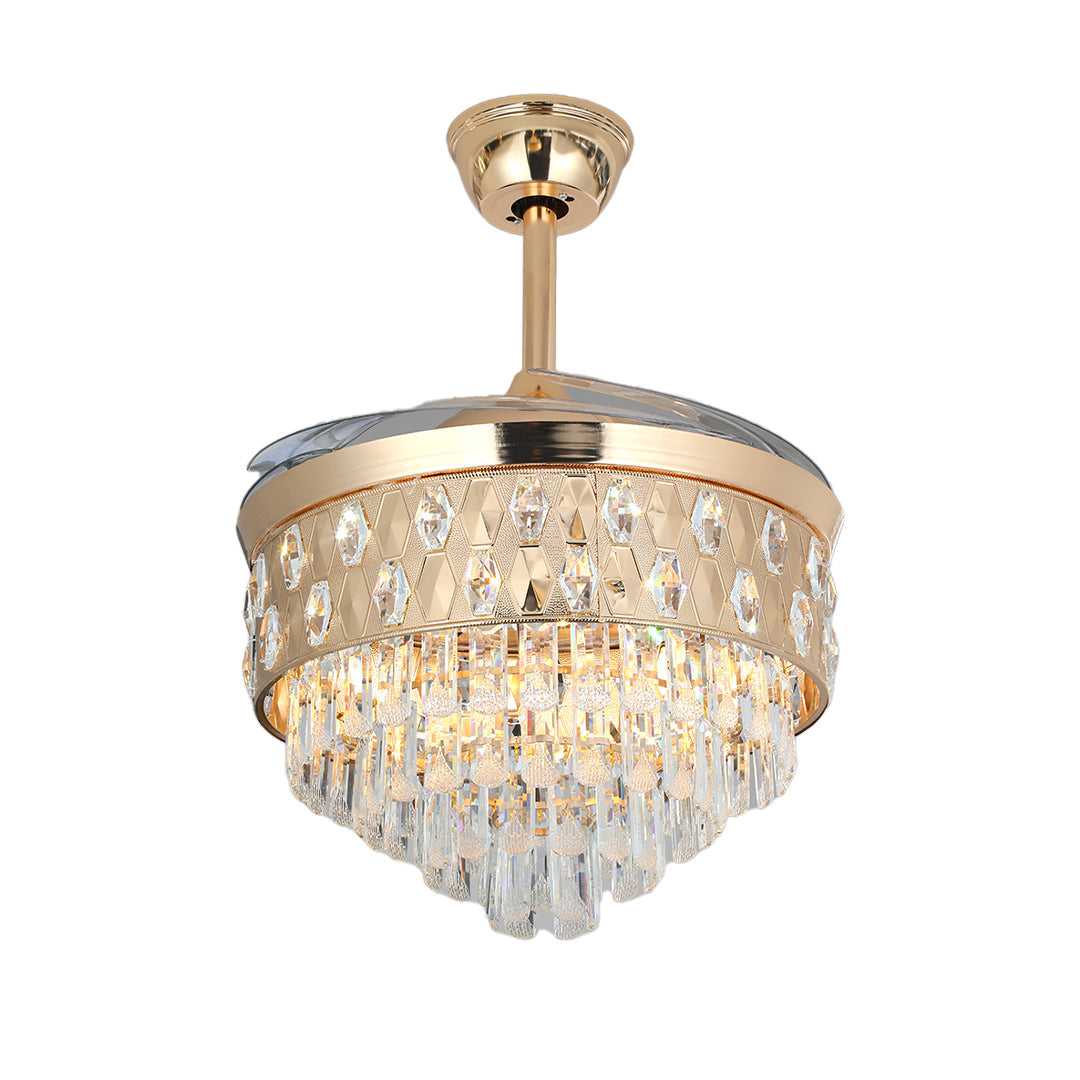Luxury Crystal Ceiling Fan with Gold Iron Frame and Dimmable LED Light