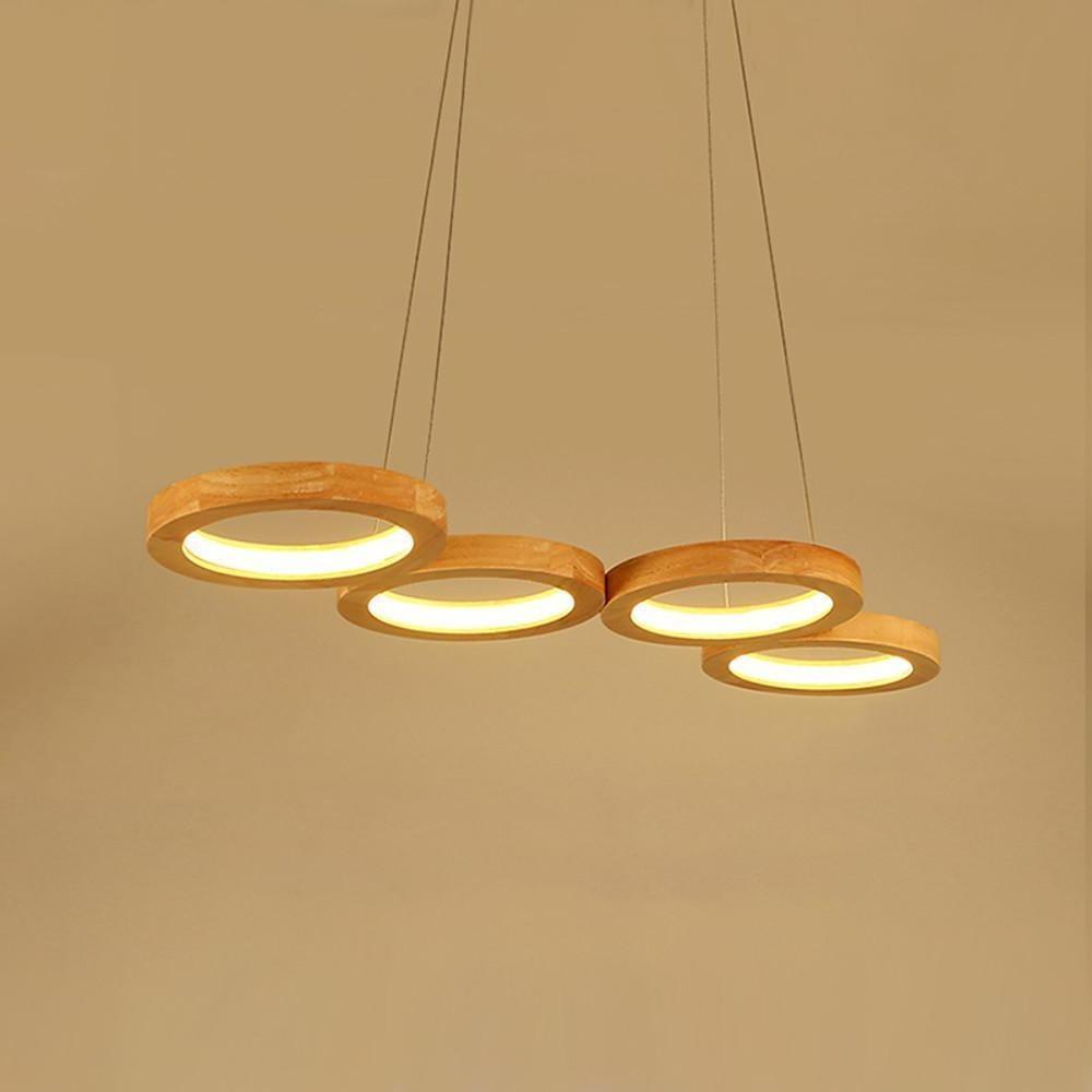 Modern Wood LED Chandelier with Four Ambient Rings for Dining and Living Spaces