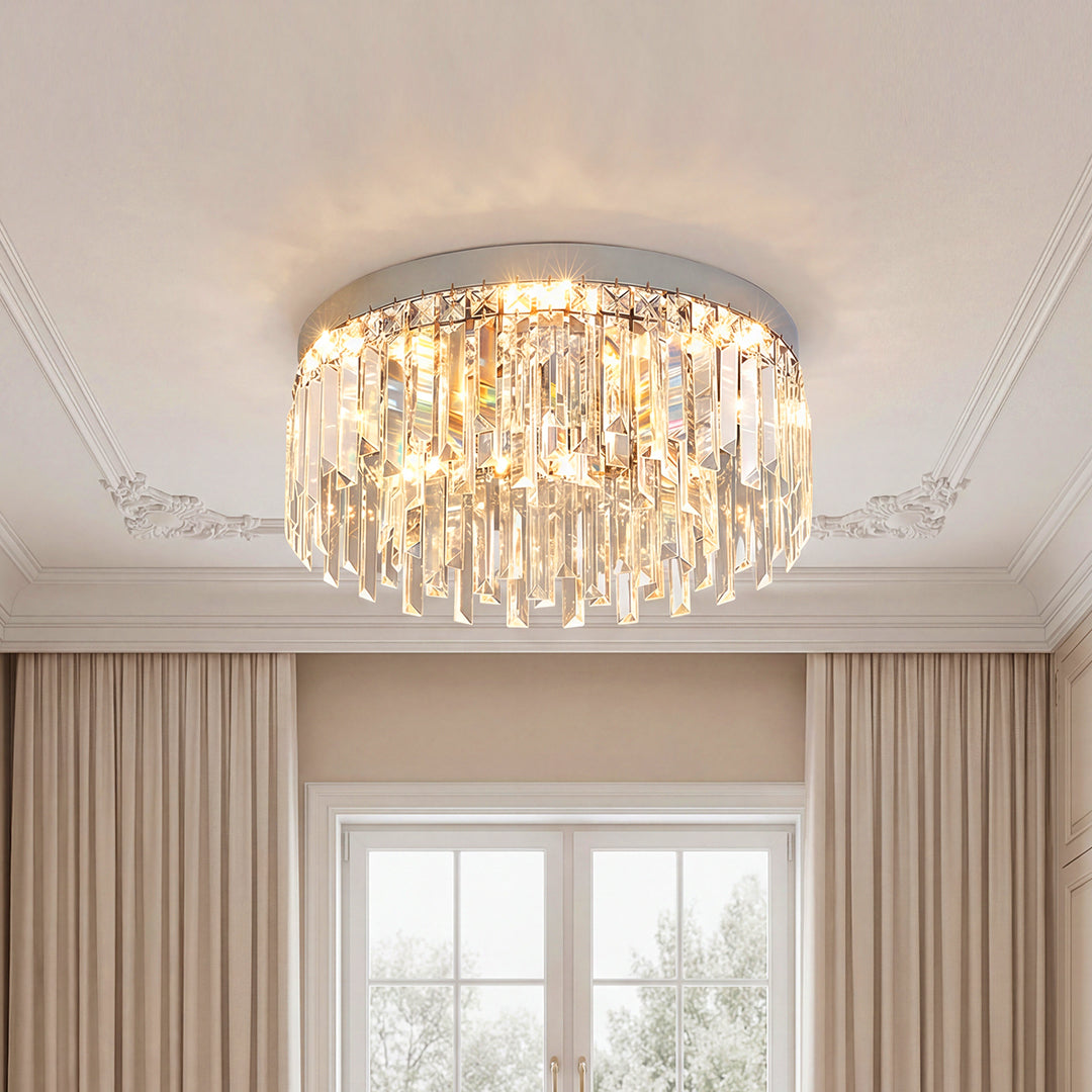 Lumina Crystal Flush Mount Ceiling Light – Modern Round Stainless Steel Fixture
