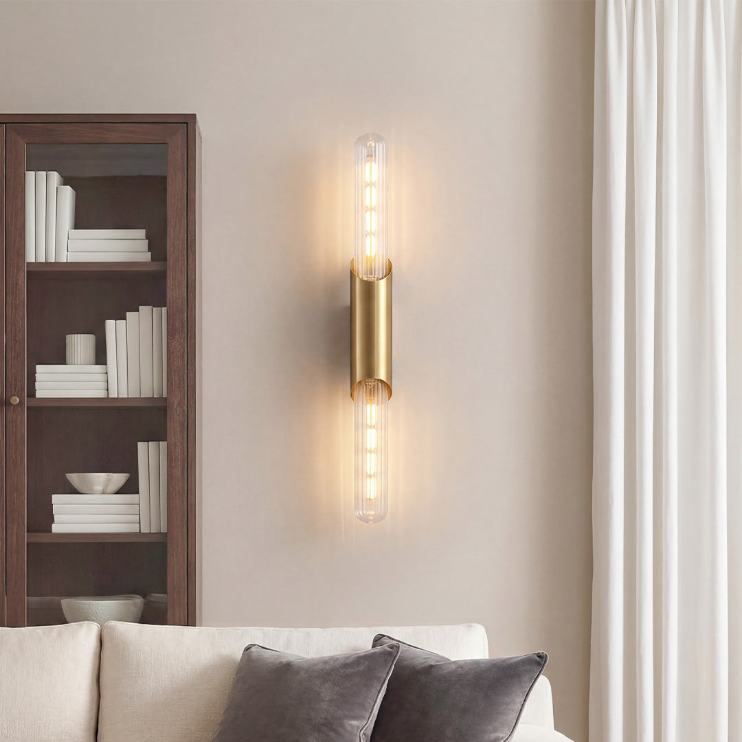 Cylindrical Brass Up Down Wall Light with Clear Glass Shade