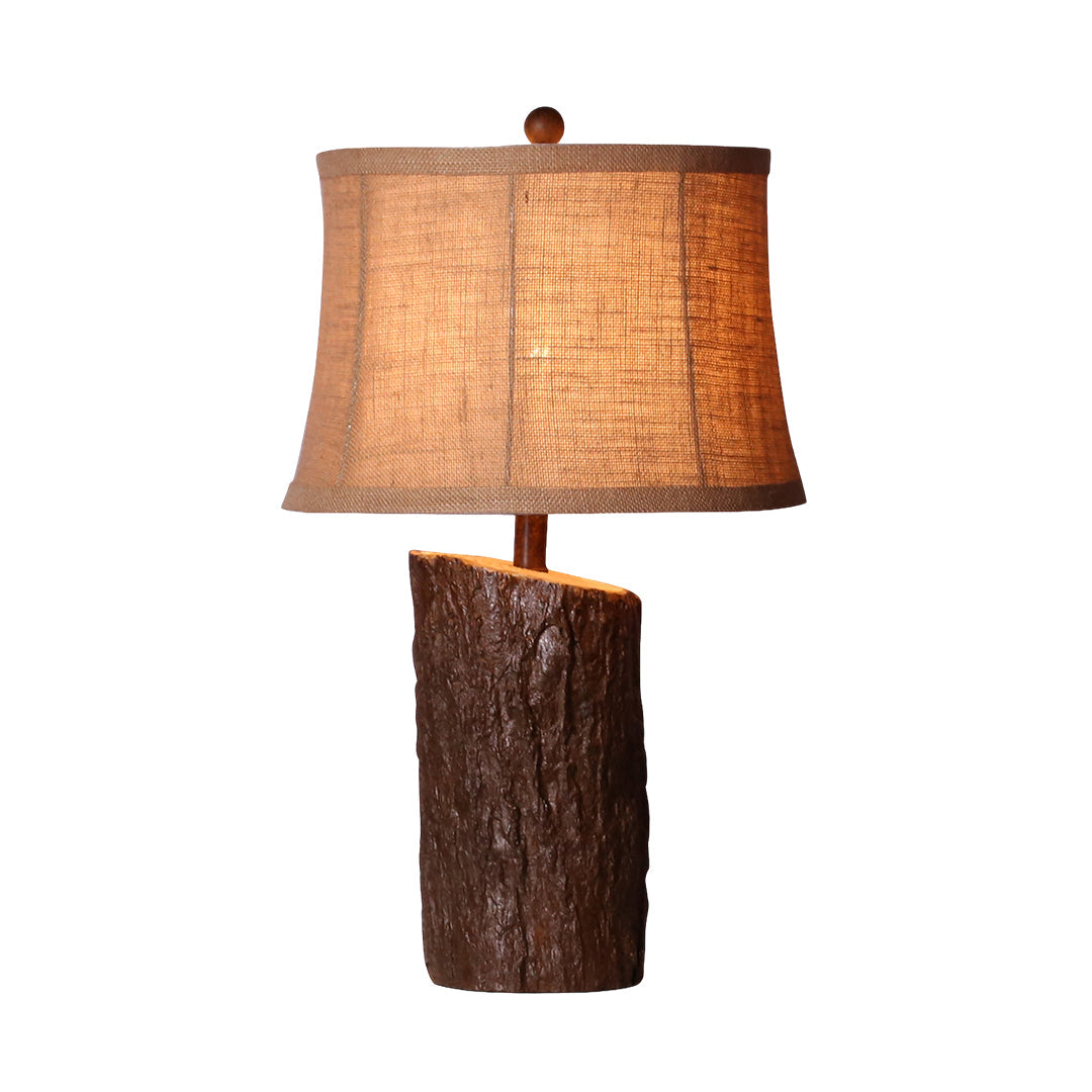 Rustic Bark-Textured Table Lamp with Linen Shade for Cozy Interiors