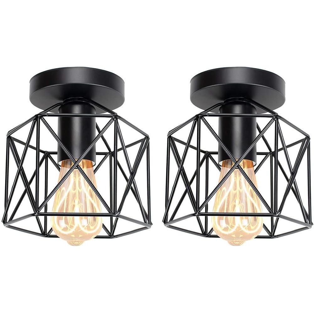Aurelia Wire Frame Lantern Semi-Flush Ceiling Light in Matte Black