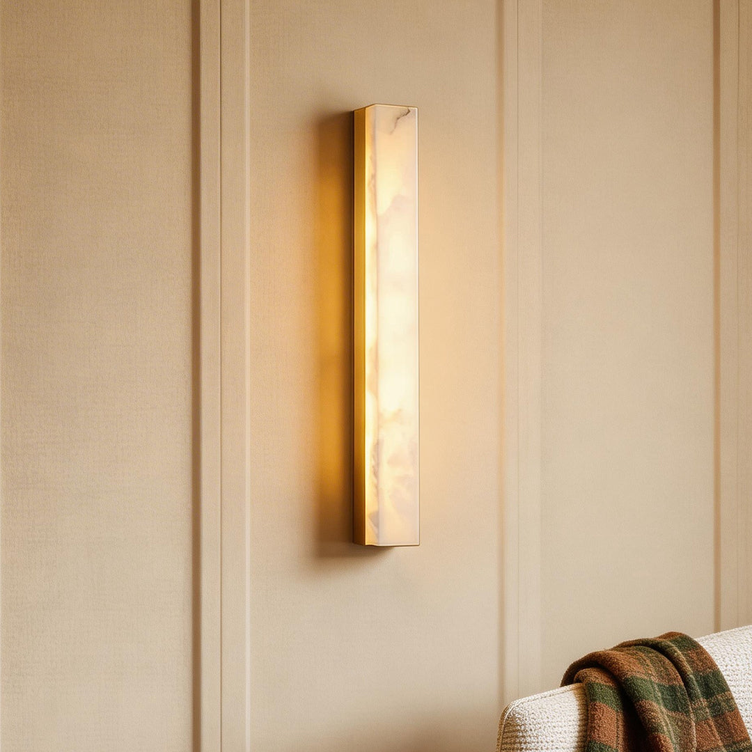 Hammered Copper Linear Wall Sconce with Marble Shade – Modern Minimalist LED Lighting