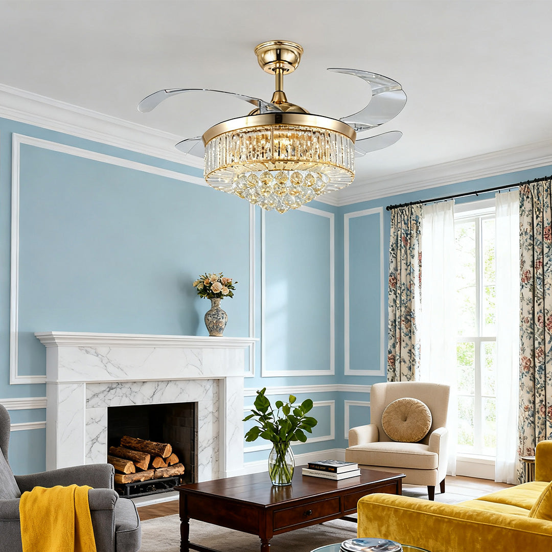 Crystal Ceiling Fan with Light – Gold Iron, European Luxury Design