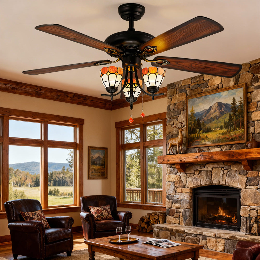 Artisan Wood Grain Ceiling Fan with Integrated Lighting – Vintage Modern Design