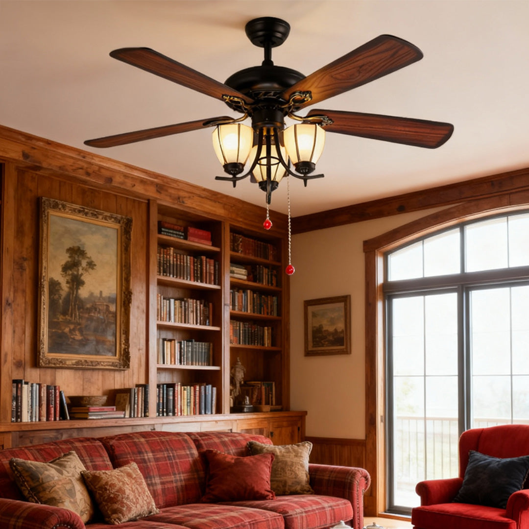 Artisan Wood Grain Ceiling Fan with Integrated Lighting – Vintage Modern Design