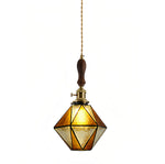 Diamond Glass Pendant Light with Brass and Wood Accents