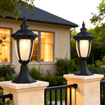 Traditional Outdoor Pillar Light in Sand-Black Aluminum with Clear Glass Shade