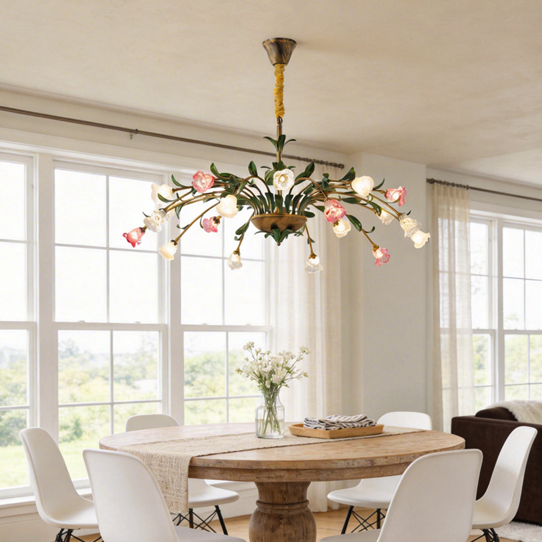 Vintage French Country Floral Iron Chandelier with Glass Shades