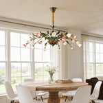 Vintage French Country Floral Iron Chandelier with Glass Shades