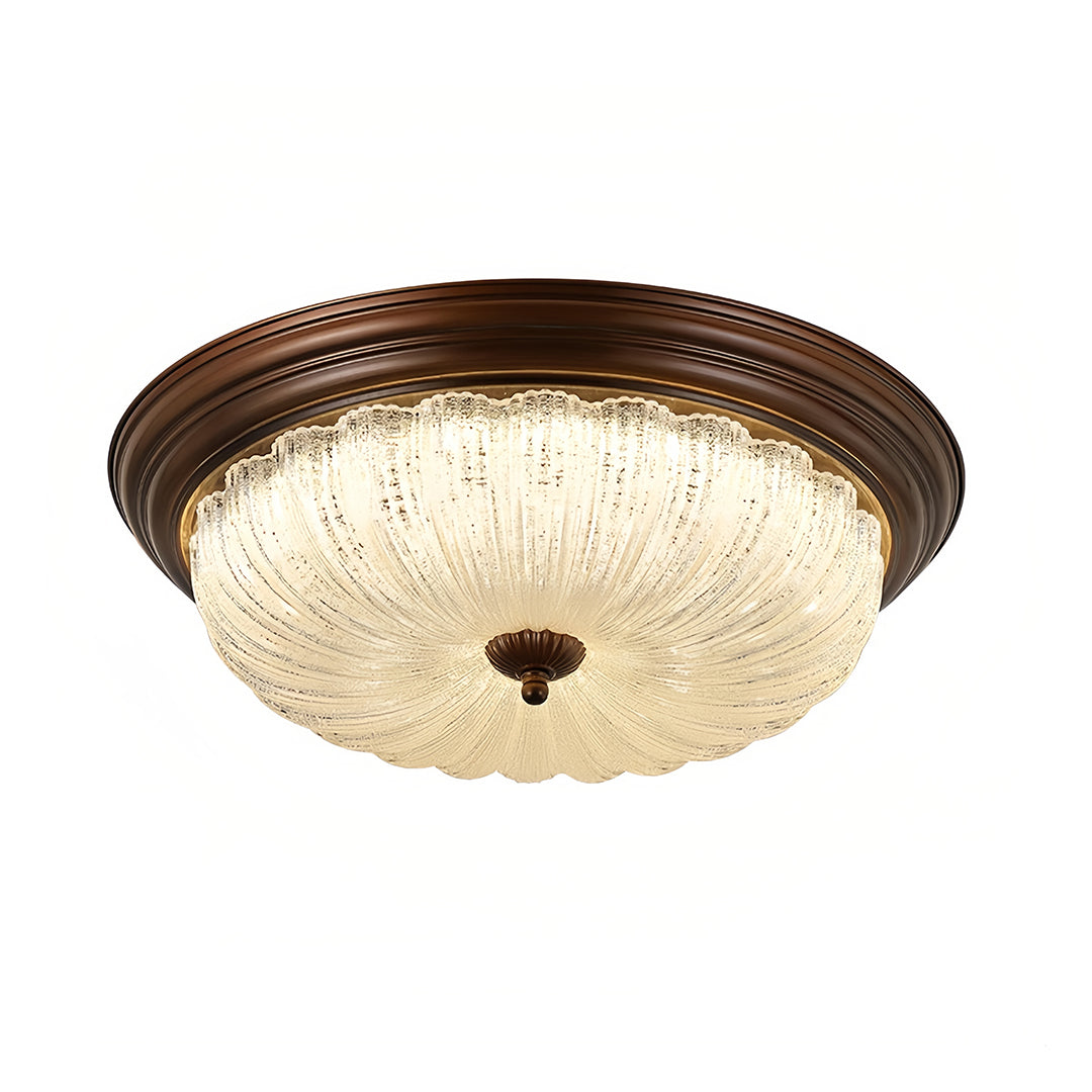 Walnut Wood Retro Dome Flush Mount Ceiling Light with Prismatic Glass Shade