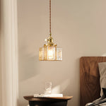 Vintage Brass Square Glass Pendant Light with Adjustable Cord