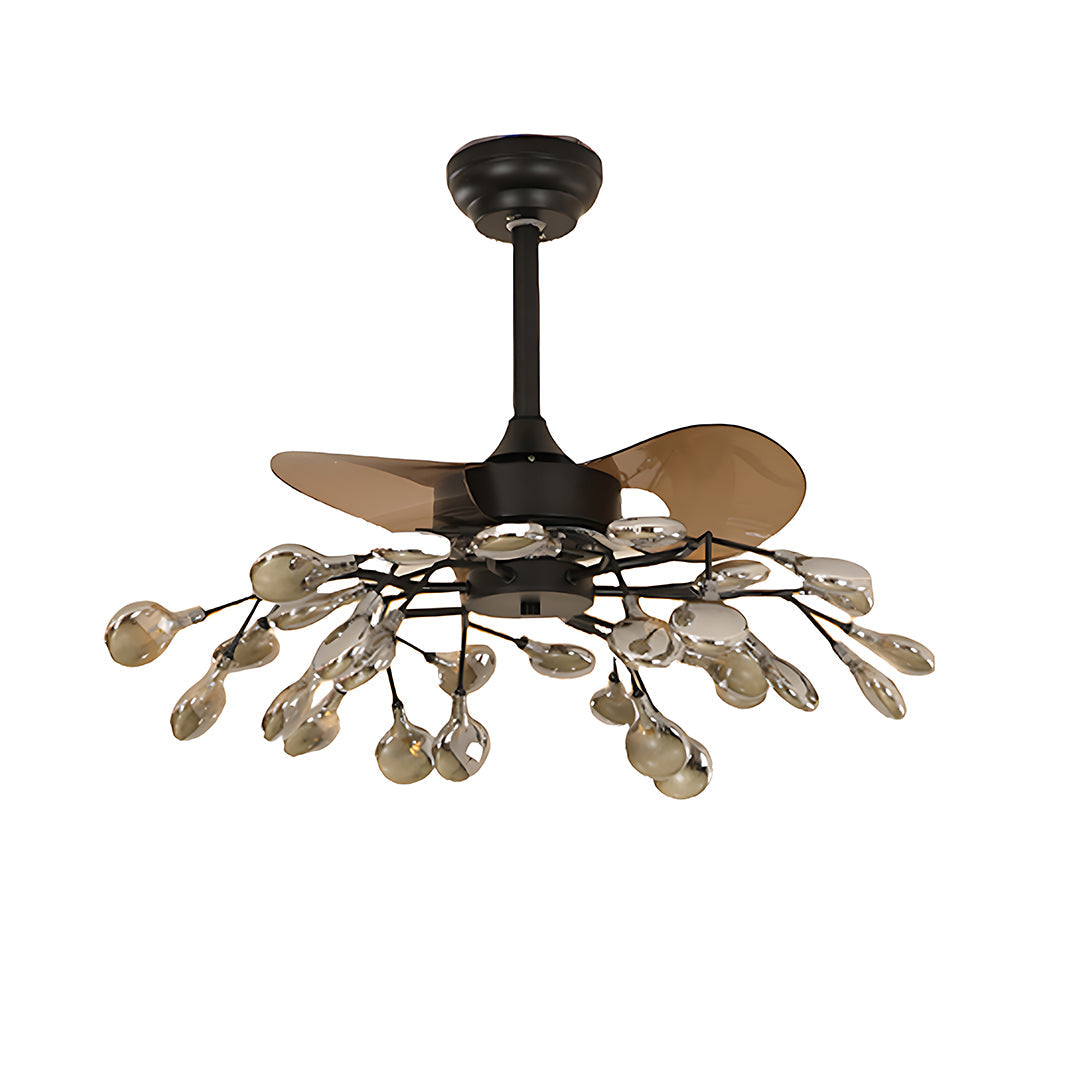 Modern Glam Ceiling Fan with Light, 30/42/56-Light LED, Black Iron & Amber Glass