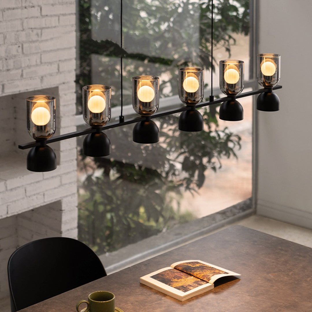 Linear Glass Pendant Chandelier with Adjustable Height, Matte Black