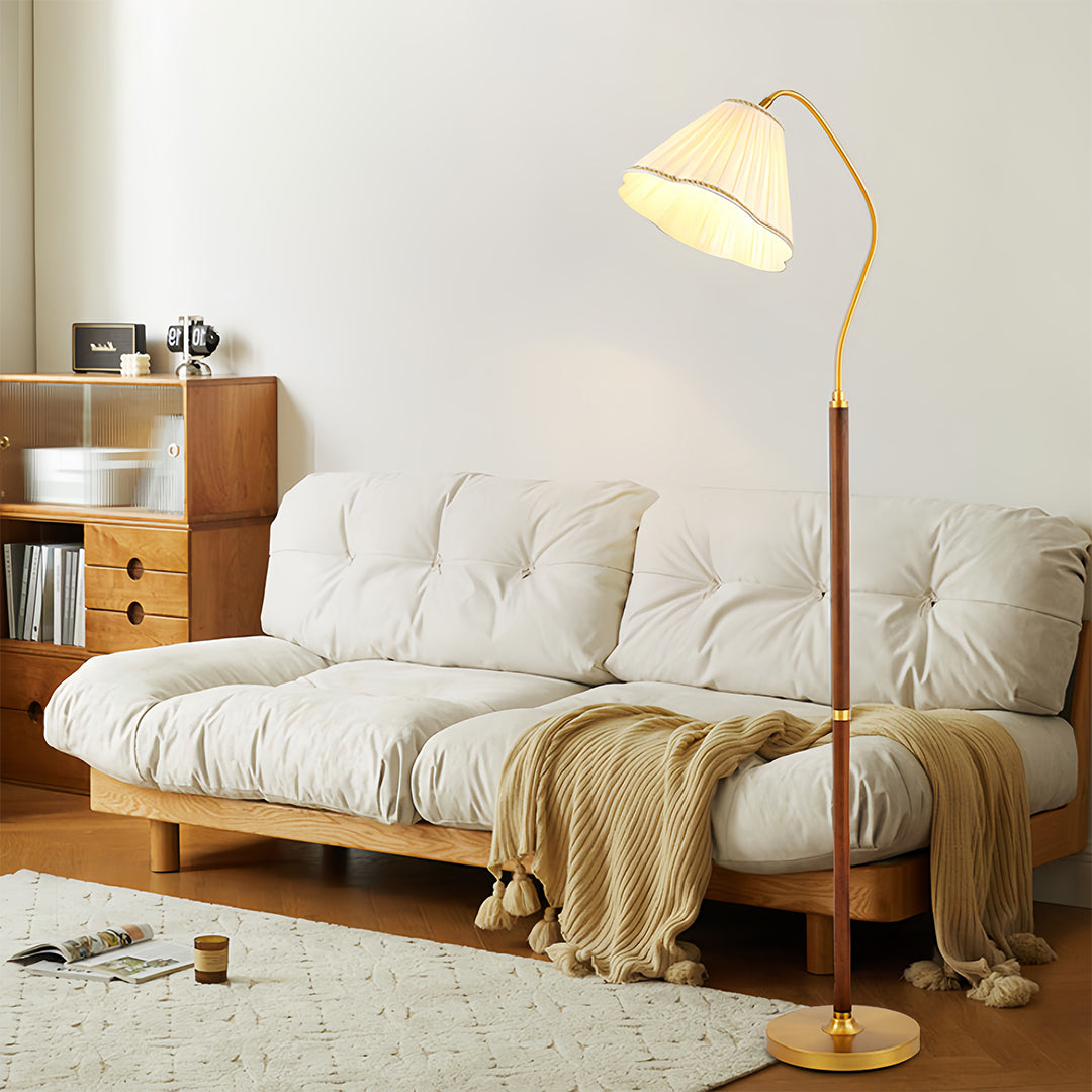 Walnut Floor Lamp with Fabric Shade – American Retro Standing Lamp for Living Room