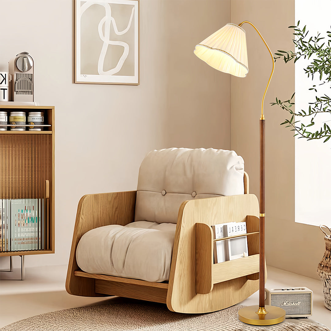 Walnut Floor Lamp with Fabric Shade – American Retro Standing Lamp for Living Room