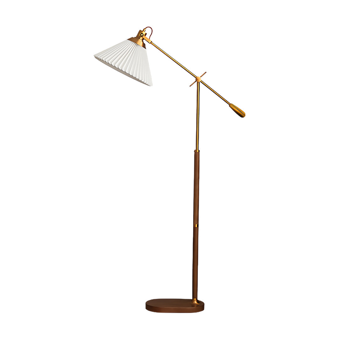 Swing Arm Floor Lamp with Pleated Shade and Solid Ash Wood Base