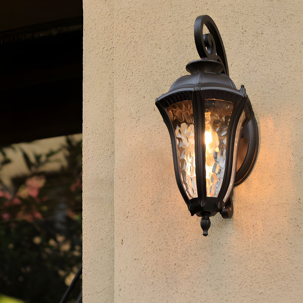 European Outdoor Wall Sconce in Die-Cast Aluminum with Water-Patterned Shade