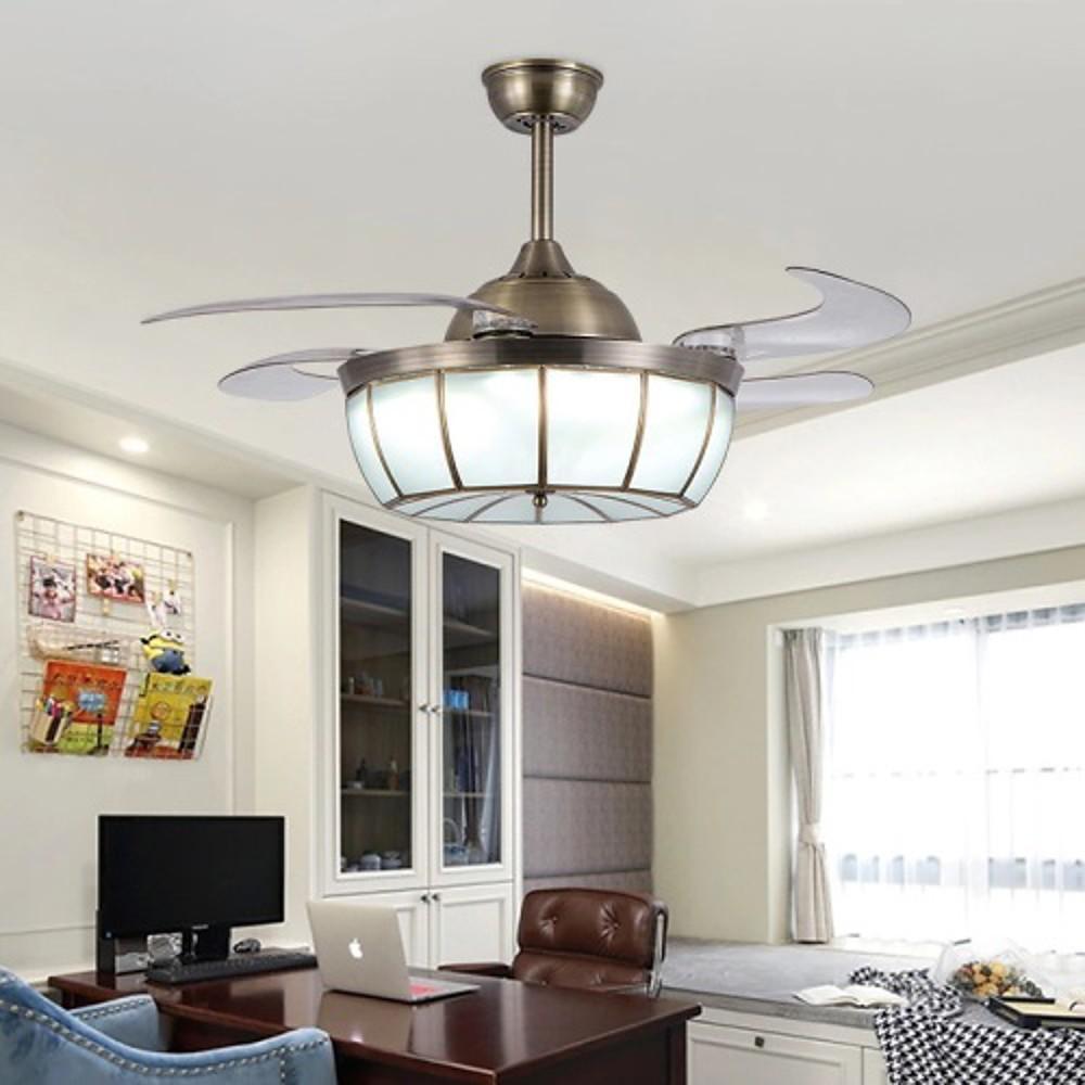 Industrial Retractable Ceiling Fan with Integrated LED Light, 19 Inch, Bronze and Glass