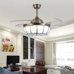 Industrial Retractable Ceiling Fan with Integrated LED Light, 19 Inch, Bronze and Glass