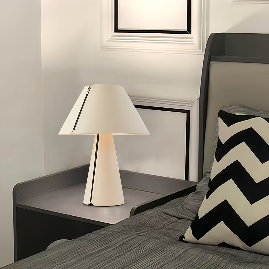 Pleated White Table Lamp with Leather Accent – Modern Bedside Lighting