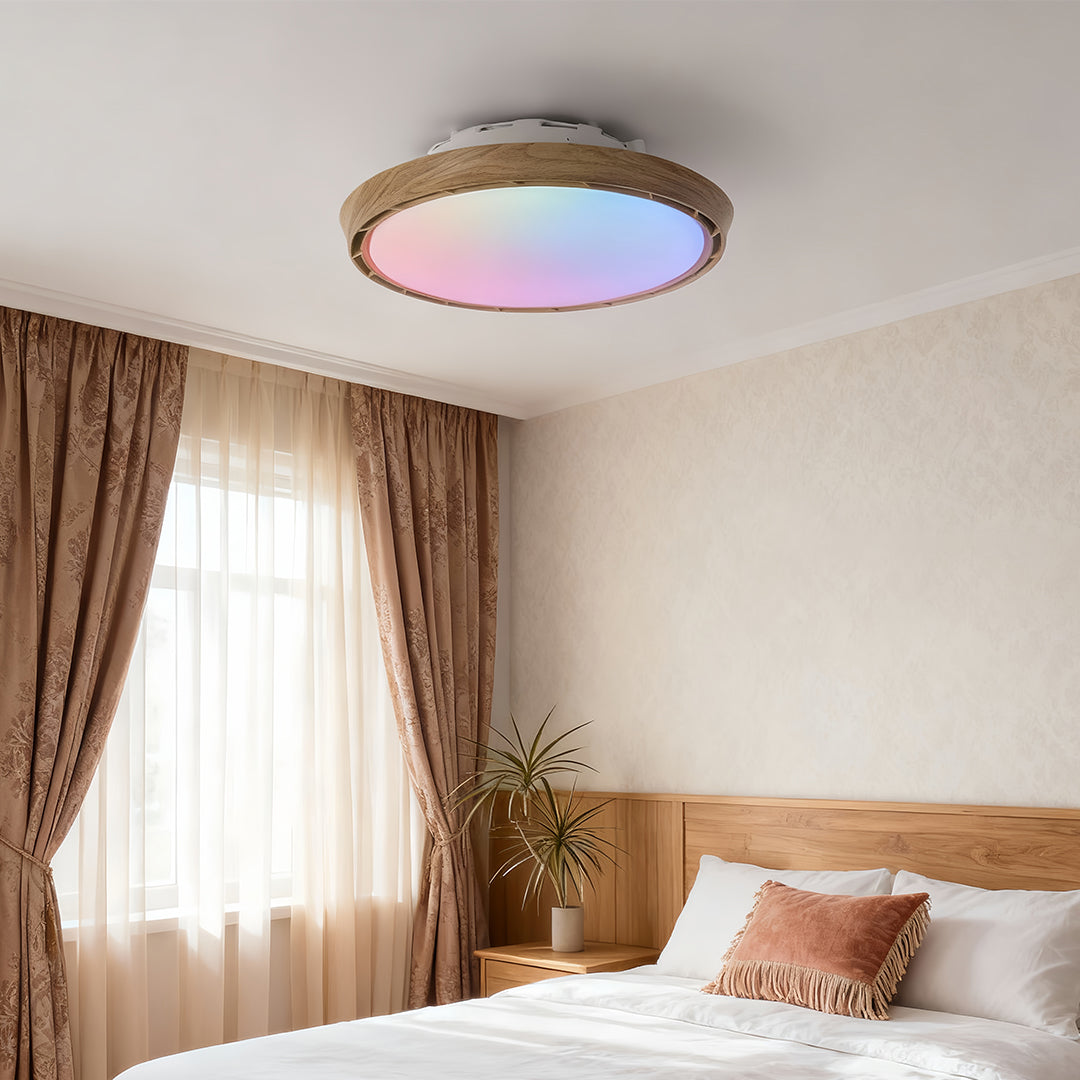 Modern Bladeless Ceiling Fan with Dimmable LED Light, Round Flush Mount in White or Wood Grain