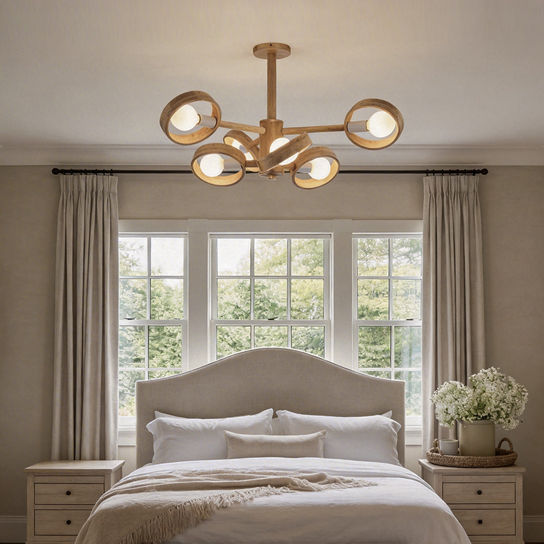Scandinavian Rubberwood LED Chandelier | Modern Wood Pendant Light for Dining & Living Rooms