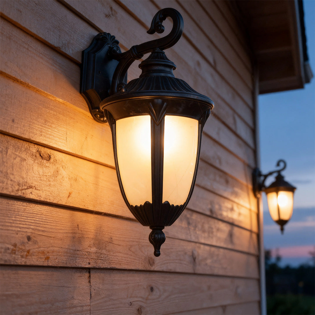 European Outdoor Wall Sconce with Clear Glass Shade in Matte Black Aluminum