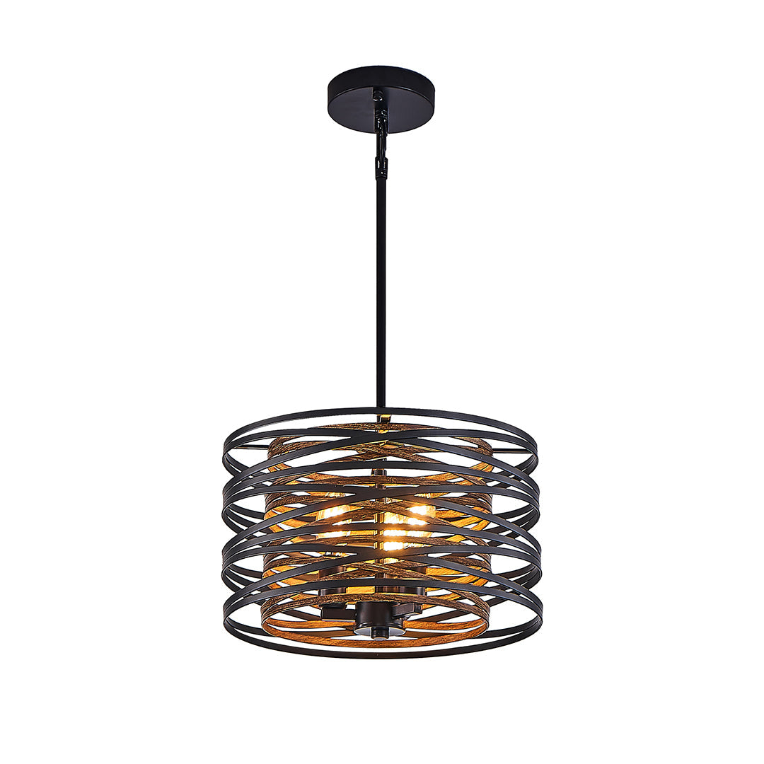 Walnut Accent Black Iron Drum Pendant Light, Adjustable Cylinder Ceiling Lamp