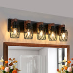 Black Metal Cage Vanity Light with Walnut Accents for Bathroom Mirror
