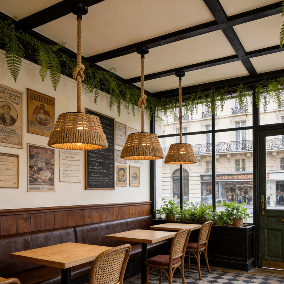 Artisan Hemp Rope Pendant Light with Iron Shade – Vintage Industrial Ceiling Lamp