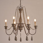 Rustic Farmhouse Wood Bead Chandelier With Teardrops Candle Style Lights