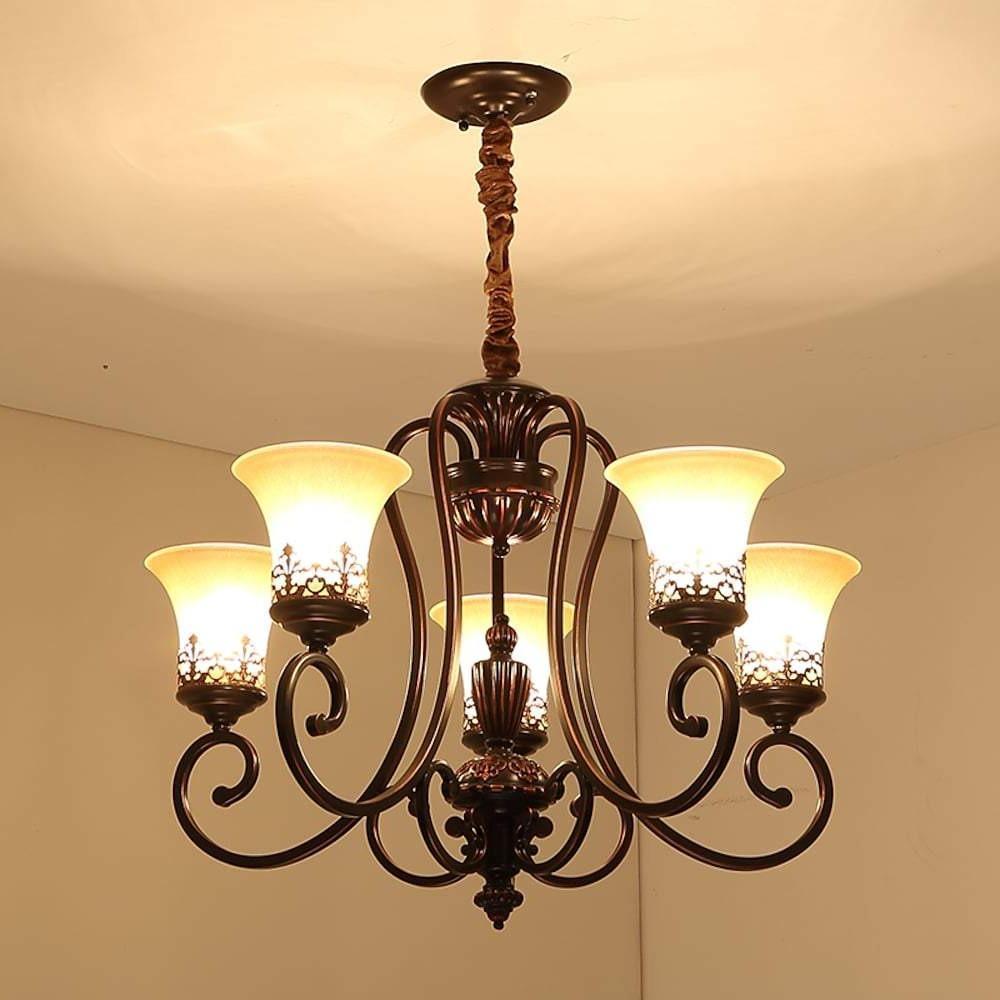 5 Light Bending Metal Bar Upside Down Glass Shade Vintage Chandelier Ceiling Light
