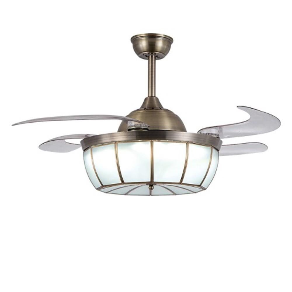 Industrial Retractable Ceiling Fan with Integrated LED Light, 19 Inch, Bronze and Glass